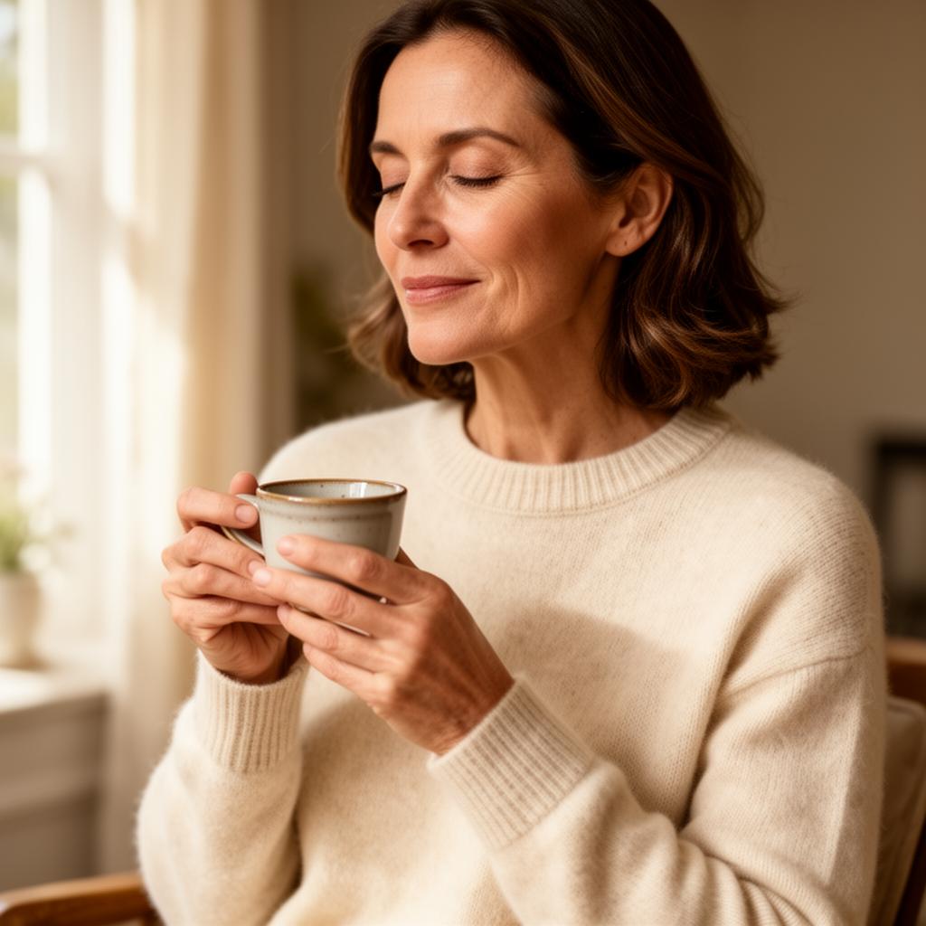 A woman in her late 40s pausing with a warm cup, eyes closed