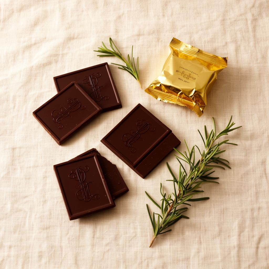 Overhead view of monogrammed dark chocolate squares with gold wrapper and herbs